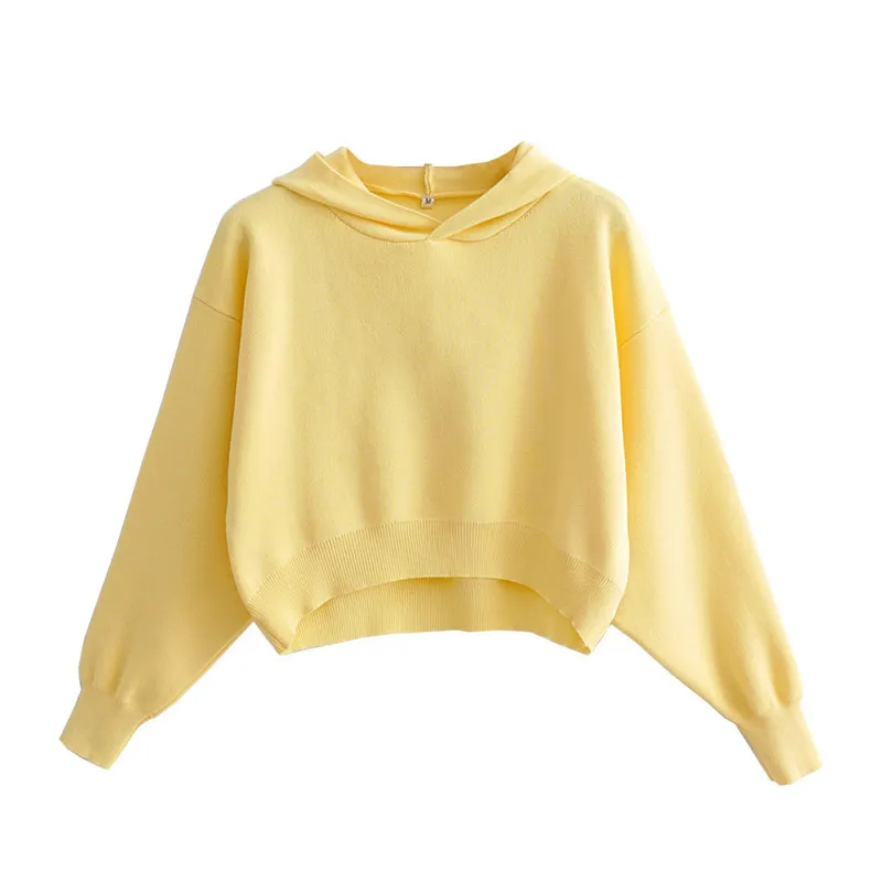 Sweat-shirt à capuche tricoté pour femmes, style court, haut court extensible, pull solide, décontracté, tops basiques, 210430