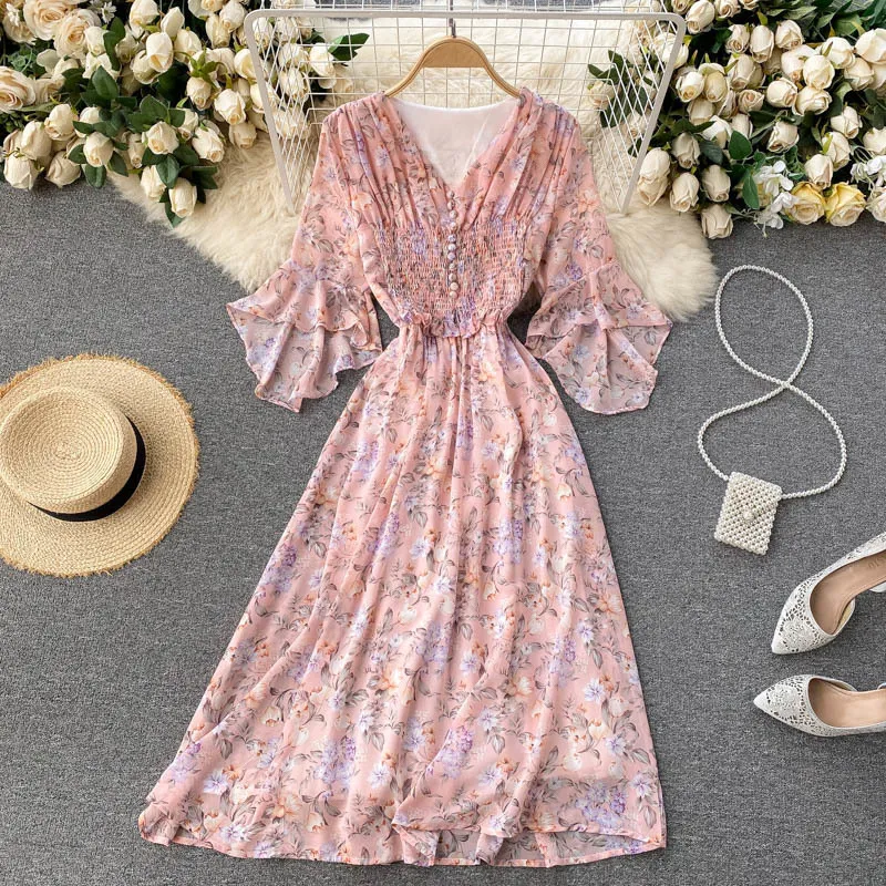 Singreiny kvinnor söt blommig klänning oregelbunden flared ärm v neck ruched sundress sommar boho print chiffong semester midi klänningar 210419