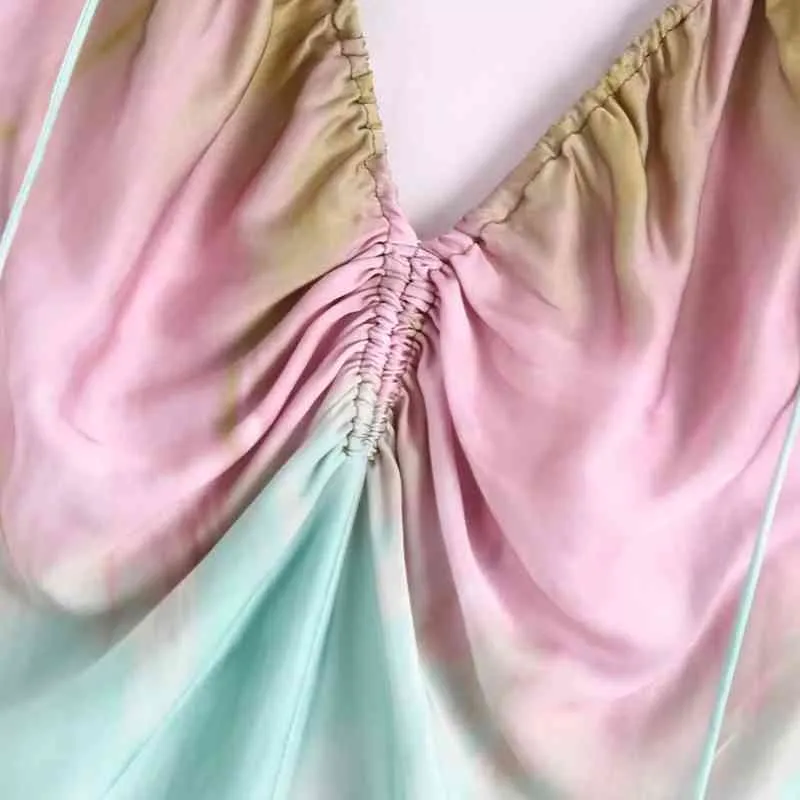 Women Tie Dye Printing Drawstring Suspender Midi Dress Female V Neck Sleeveless Clothes Casual Lady Loose Vestido D7392 210430