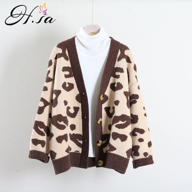 H.SA Kvinnor V Neckknapp Upp Sticka Rosa Grå Leopard Stickad Cardigans Mjuk Cashmere Sweater Jacket 210417