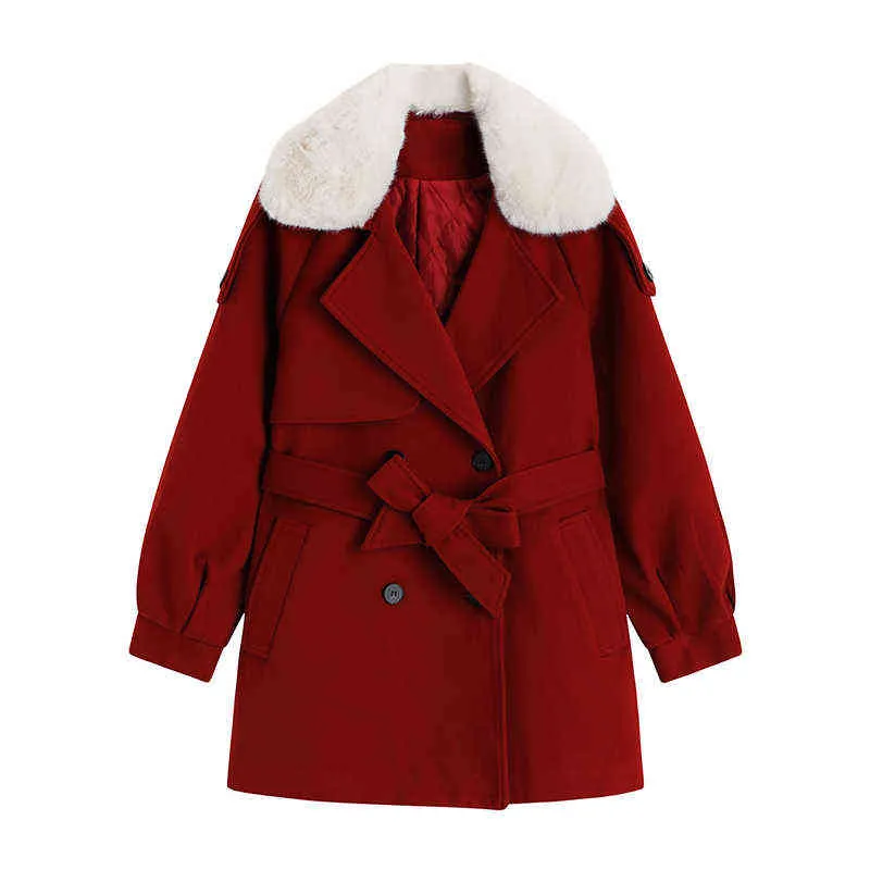 大きなファーカラーウールジャケット秋の冬女性新しい韓国スタイルダブルブレストコットンジャケットチャイニーズレッドクリスマスジャケット女性l220725