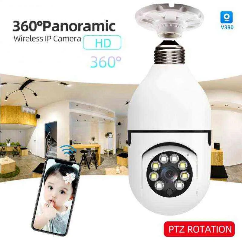 360 ﾰ Wifi PTZ IP パノラマカメラ電球 2MP パノラマナイトビジョンオーディオホームセキュリティビデオ監視魚眼ランプ Wifi カメラ AA220315