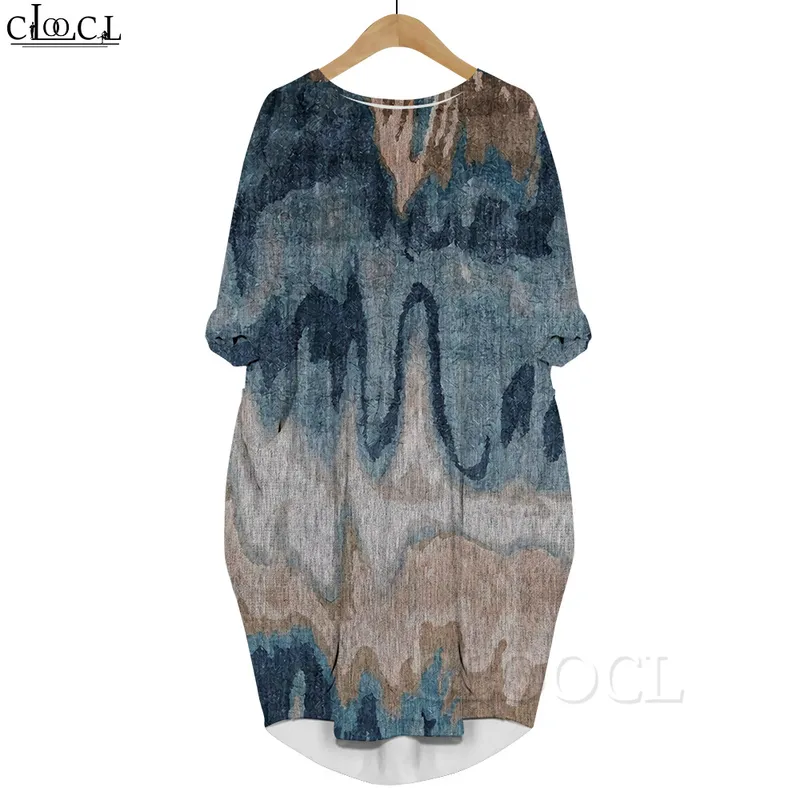 Damenkleid Meereswellen 3D-gedrucktes Kleid Langarm-Taschenkleid Rundhalsausschnitt Lose Kleider Natural Factors 220616