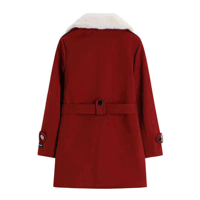 Fur Collar Wool Coat Women Winter Red Christmas New Double-Breasted Lace-Up Thick Mid-Length Long Sleeve Female Cotton Coat L220725