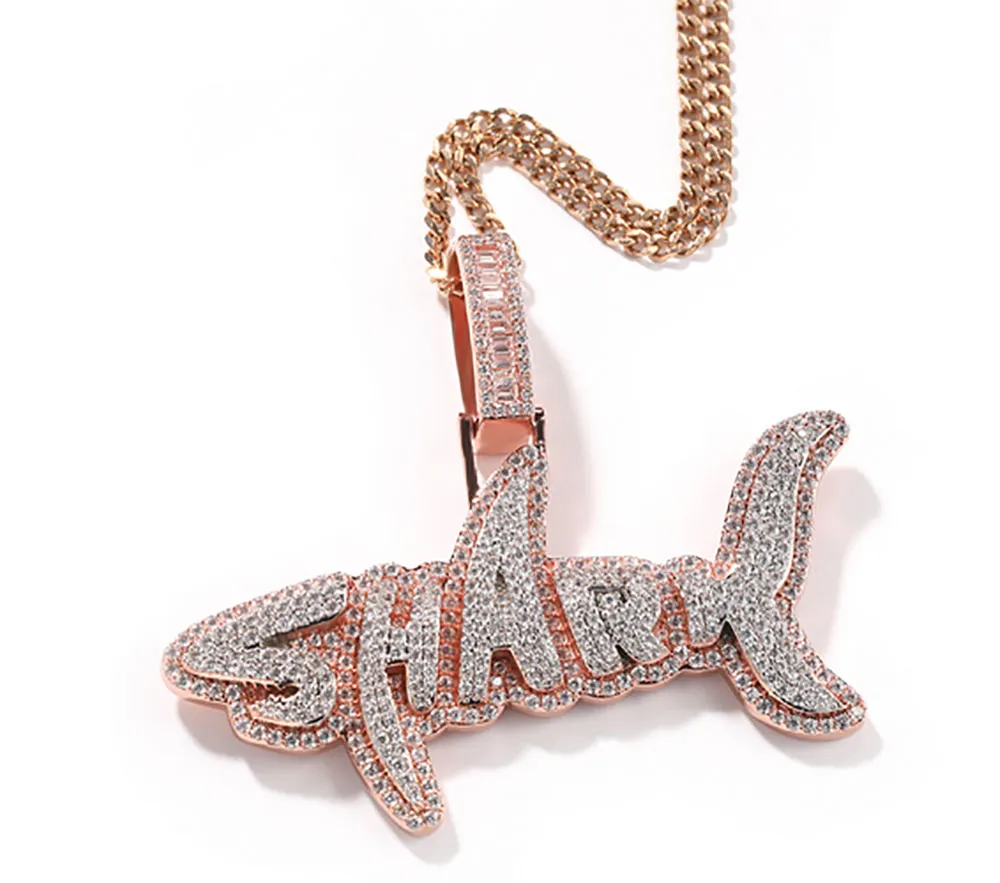 Nowy Hip Hop Copper CZ Rekonek Shark Micro Pave Cubic Zirconia Symulowane diamenty Diamenty Naszyjnik Męs