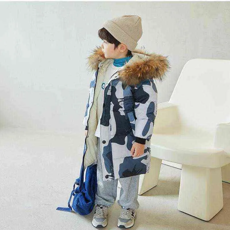 Russische winterkinderen peuterjongens camouflage bont capuchon long jas babymeisjes katoen down jas jas jacket kinderen tiener kleding overjas J220718