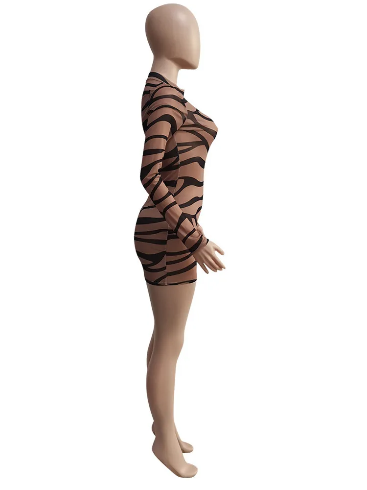 Sexig svart randig utskrift Sheer Bodycon Dress Kvinnor Långärmad Tight See Through Night Clubwear Mini Dress CX220407