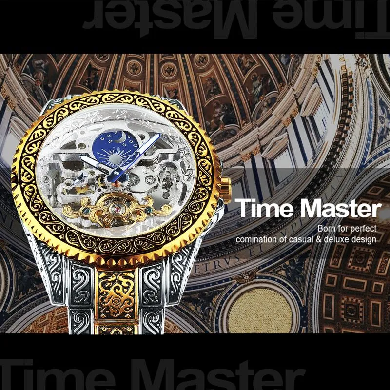 Zegarek do realizacji automatycznej turbillon zegarek dla mężczyzn Mechaniczne szkielet męskie zegarki grawerowane grawerowane vintage księżycowe faza stelwr2664