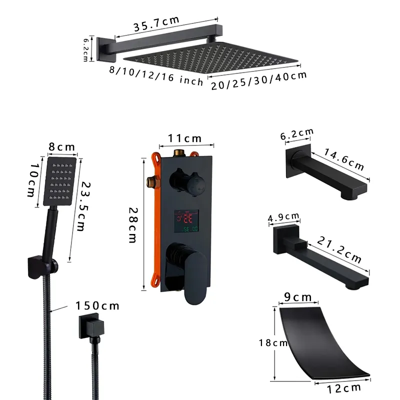 무광택 블랙 LED 디지털 디스플레이 샤워 수도꼭지 세트 8/10/12/16 