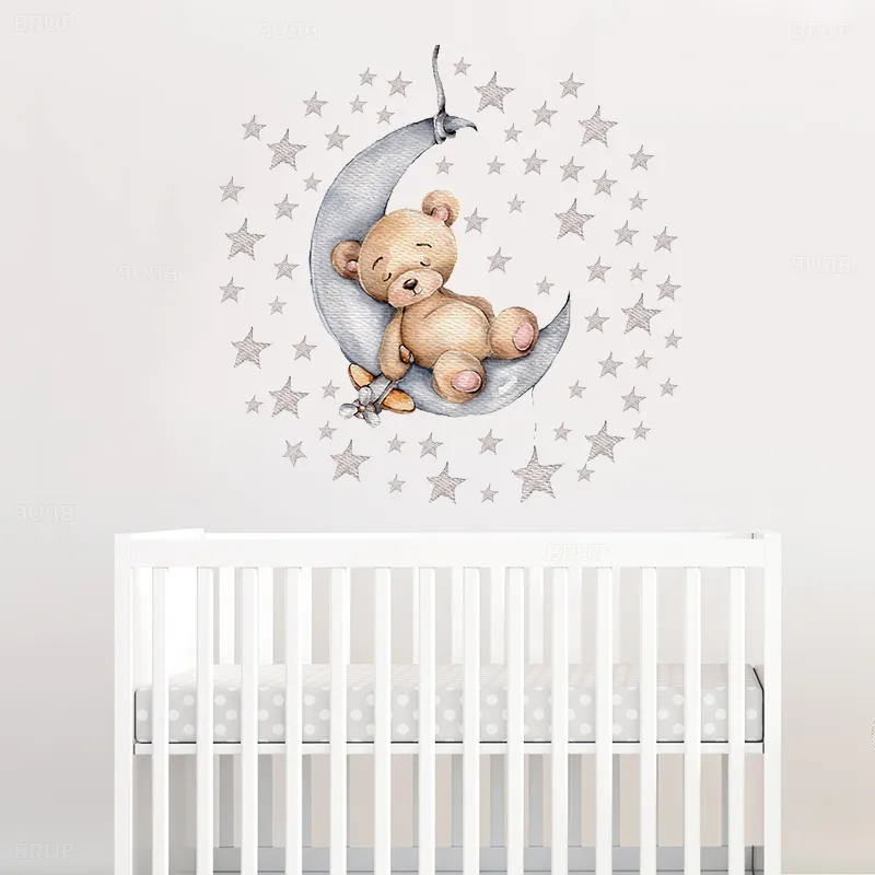 Cartoon teddybeer slapen op de maan en sterren muurstickers voor kinderkamer babykamer decoratie muur stickers kamer interieur 220727