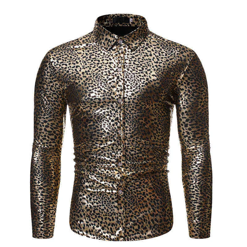 Sexy imprimé léopard chemise hommes DJ discothèque fête chemise décontractée 2022 marque de luxe bronzant hommes chemises habillées mariage Chemise Homme L220704