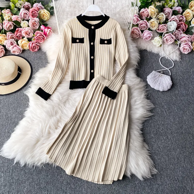 High Quality Spring Fall Knit Set Women Office Lady Single Breasted Sweater Cardigan + Pleated Long Skirt Suit Sets 220513