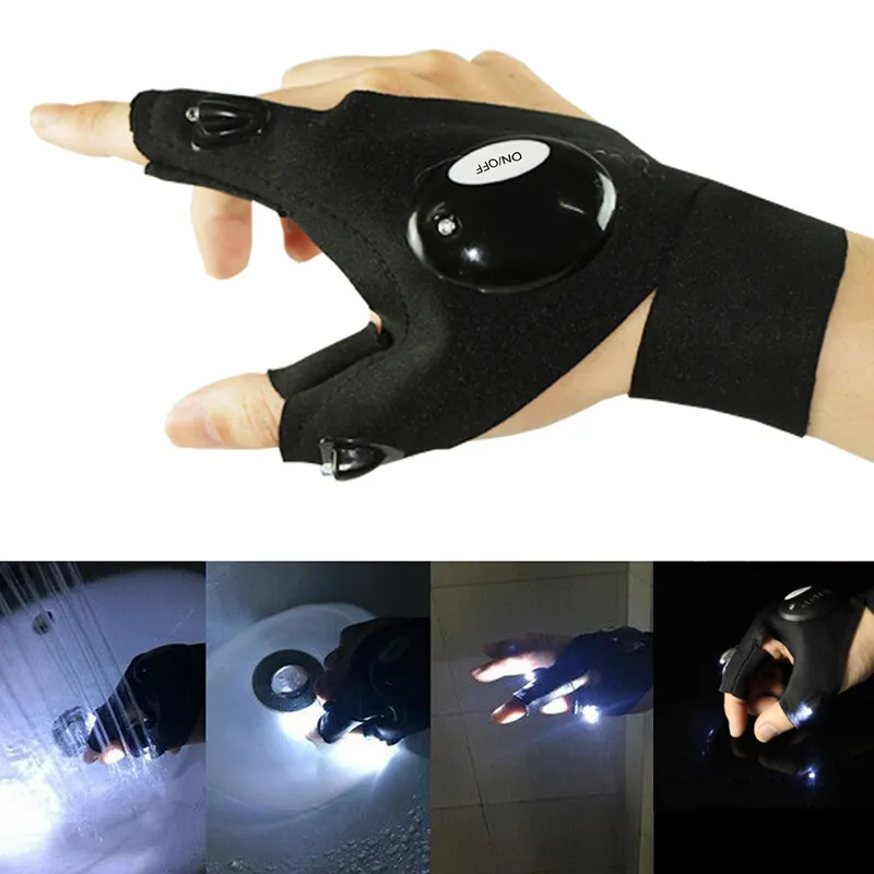 1 Paar Outdoor Magic Strap Fingerlose Nachtlicht Wasserdichte Angelhandschuhe mit LED-Taschenlampe Rettungsgeräte 220624