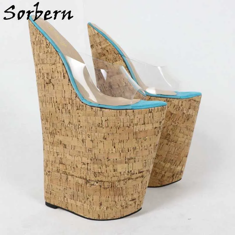 Sorbern odosobniony na zamówienie 13 cali Sandal Kobiety Extreme High Heel Slip On Przezroczyste PCV Otwarte Toe Cork Wygląda Kliny Letnie Buty