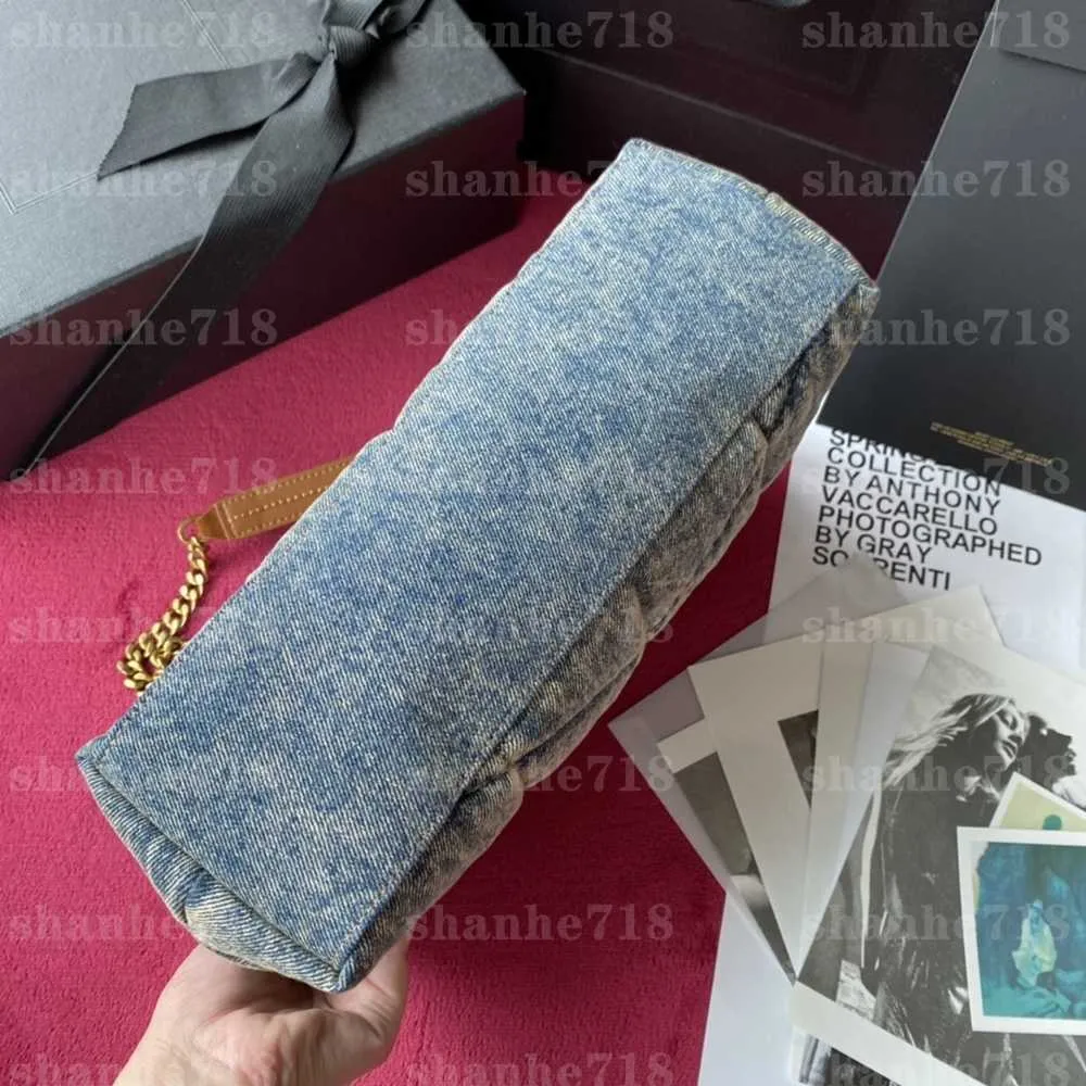 Bolso de hombro tipo bandolera Loulou Puffer azul vaquero, bolsos de lujo de diseñador, bolso de mensajero tipo sobre con cadena, monederos con solapa para mujer 1746