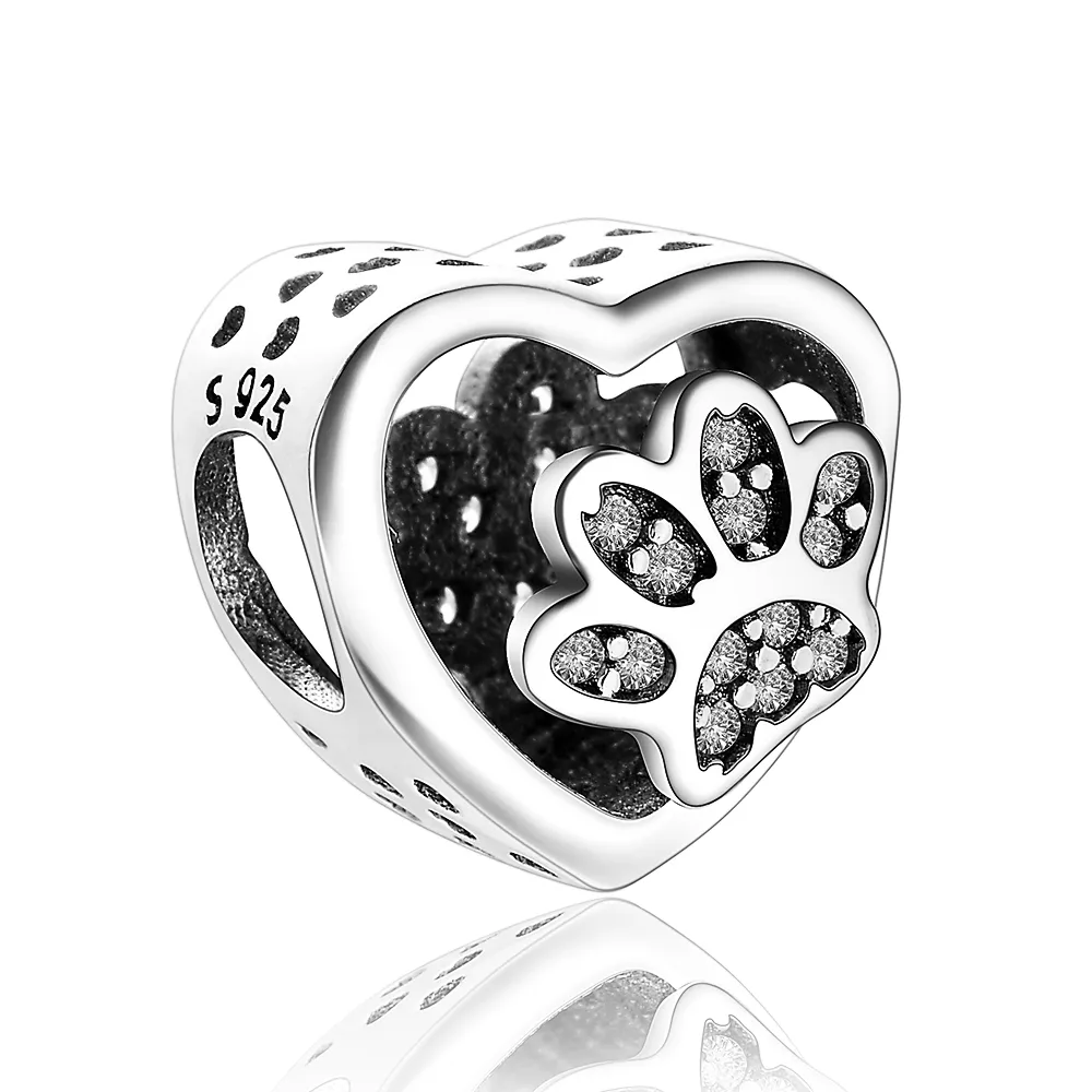 925 Siver Beads Charms Pandora Charm 팔찌 여성을위한 디자이너 하트 오픈 웨스트 사랑 발자국 꽃 나무