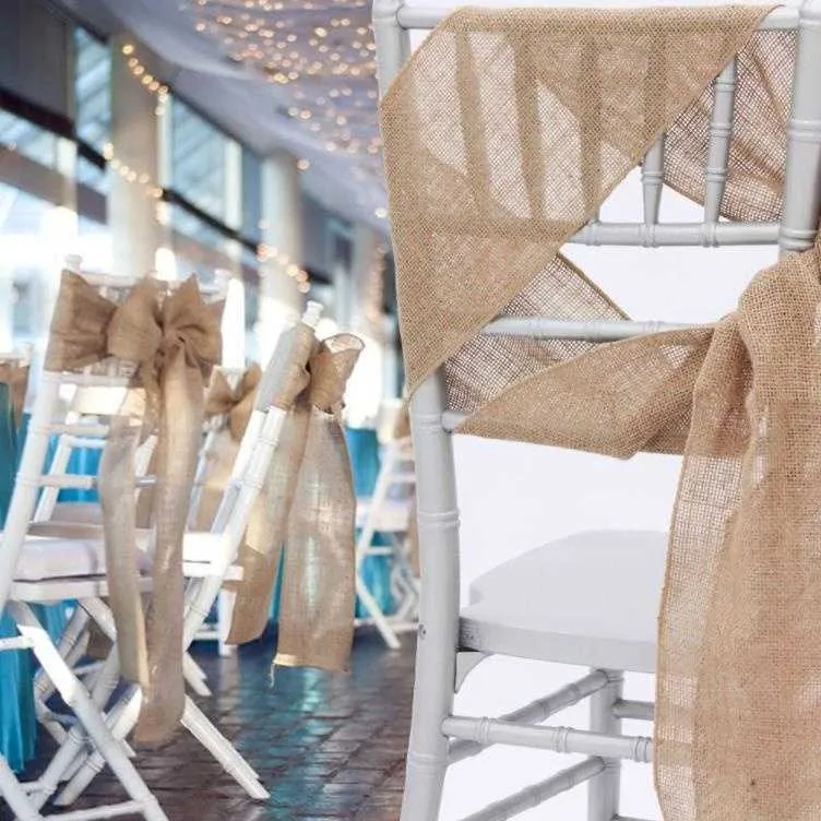 silla corbata arco hessian yute arpillera fajas de yute rústico para el festival de decoración de bodas festival hotel decoración del hogar