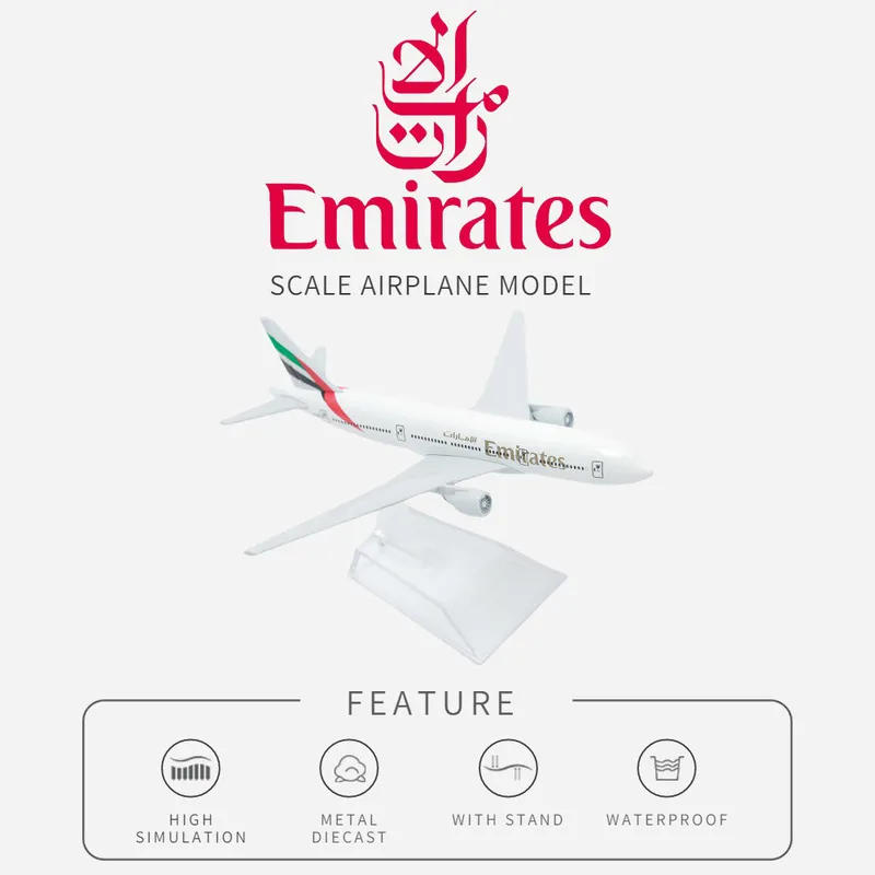 Emirates Airlines A380 B777 samolot stopowy Diecast Model Aviation Płaszczyzna Kolekcja Kilkluszy Skala samochodowa Zabawki dla chłopców 220707