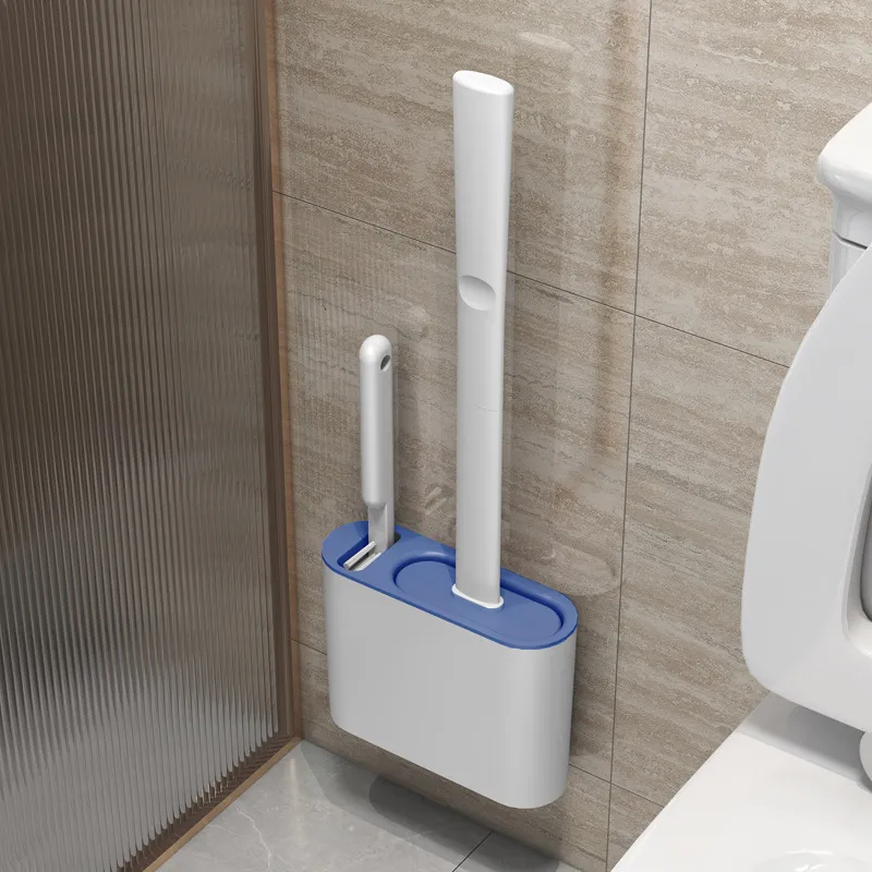 Brosse de toilette plate avec ensemble de support Brosses de nettoyage en silicone TPR à long manche Blanc Gris Accessoires de salle de bain Wc montés au mur 220511