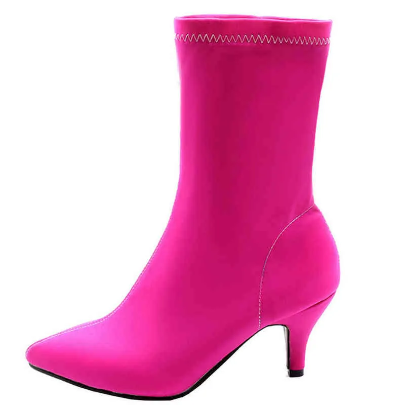 EOKKAR Hot Pink Kitten Heel Stretch Ankle Boots for Women Pointed Toe Elastic Booties Royal Blue Women Shoes Low Heel BootsT220718