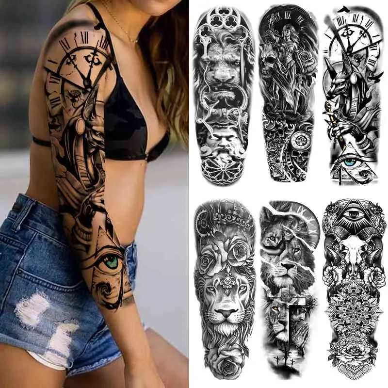 NXY Tijdelijke Tattoo Black Warrior voor Vrouwen Mannen Volwassen Tribal Dier Fake Lion S Sticker Compass Clock Volledige Mouw Tatoos Arm 0330
