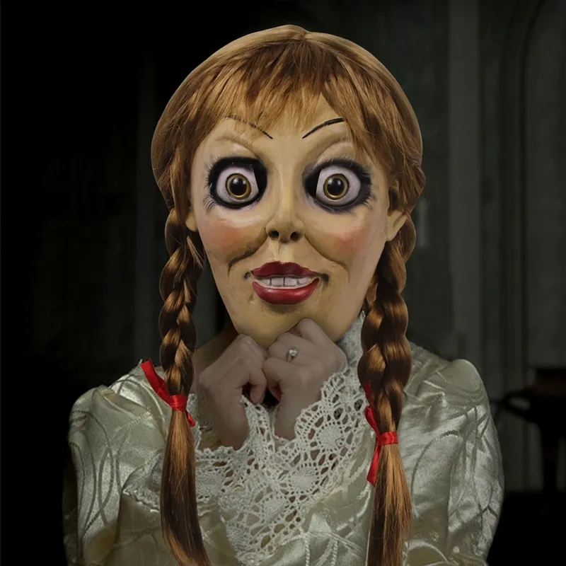 Halloween Annabelle Cosplay Annabel Doll Scary Movie Adult Head Full Latex Tails Tails Mask 220622