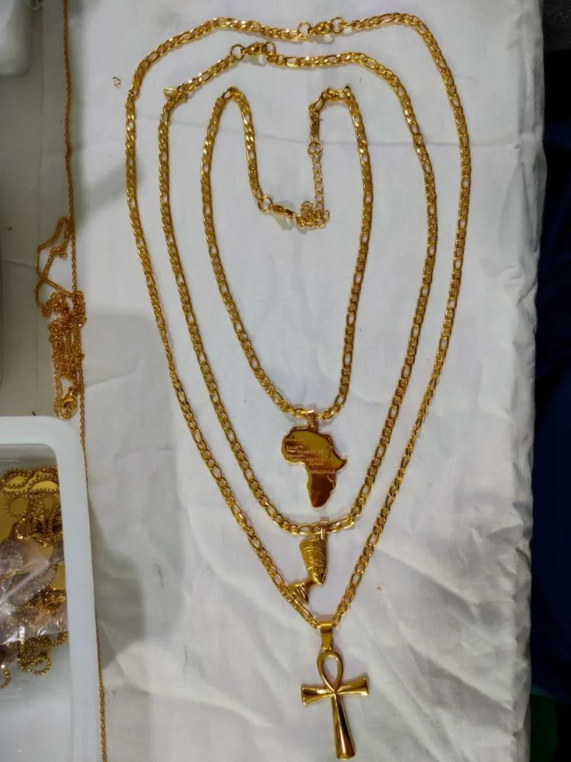 Hänge halsband 3st africa karta cross nefertiti halsband uppsättning för kvinnor män guld färg rostfritt stål egyptiska smycken3313