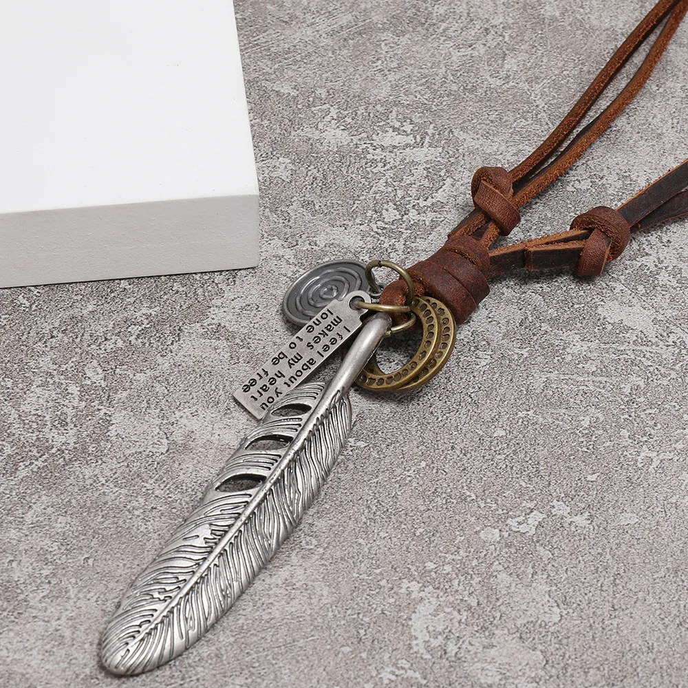 Retro Wing Feather Necklace Letter ID Ring Charm Adjustable Chain Leather Necklaces for women men Fashion jewelry gift will and sandy