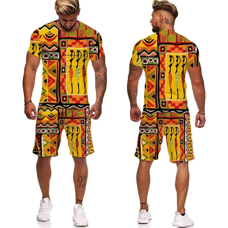 2022 Summer 3D African Print T-Shirt Shorts Ternos Moda Estilo Étnico Casal Roupas Hip Hop Streetwear Masculino Feminino Conjunto de Agasalho