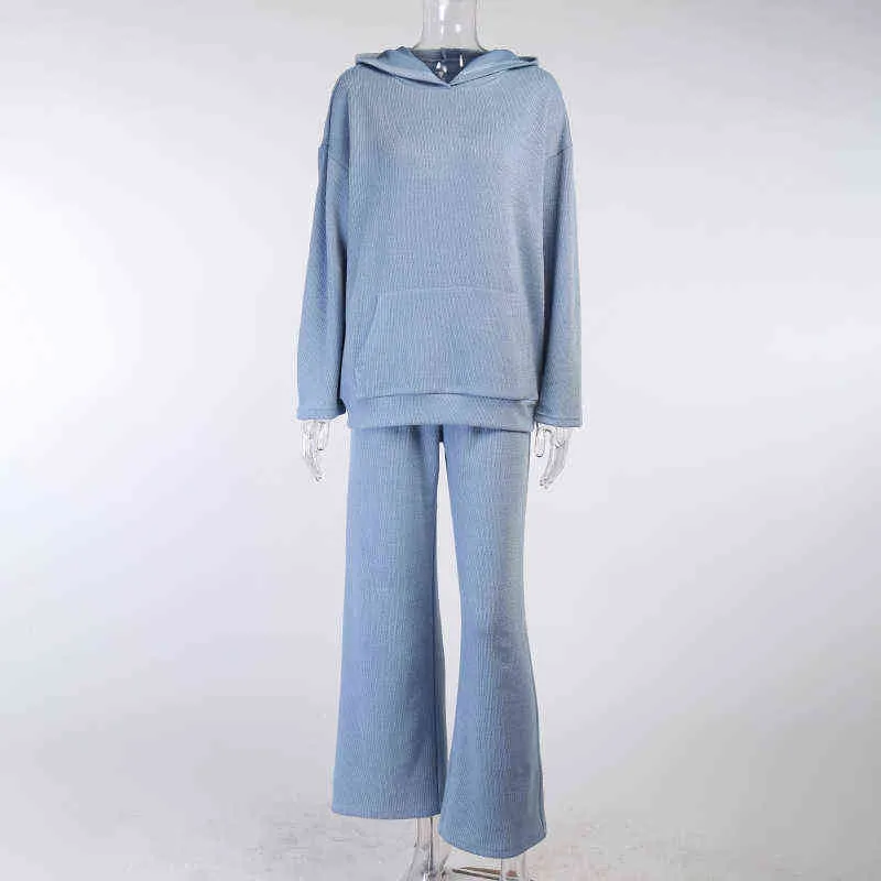 Yizzhoy Spring新しいニットスウェットスーツの女性マッチングセット長袖パーカーワイドレッグパンツセーターセット2ピース衣装T220729