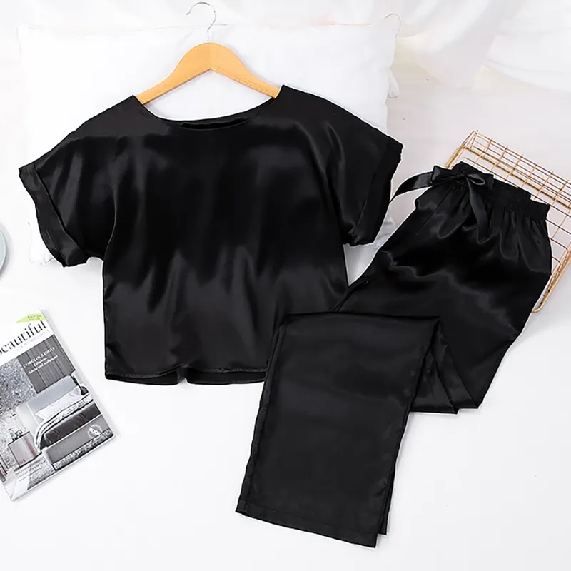 HECHAN Green Brown Women Sleepwear Set Round Neck Short Sleeve Top Solid Loose Pants Satin Home Wear Casual Suit Sets 220329
