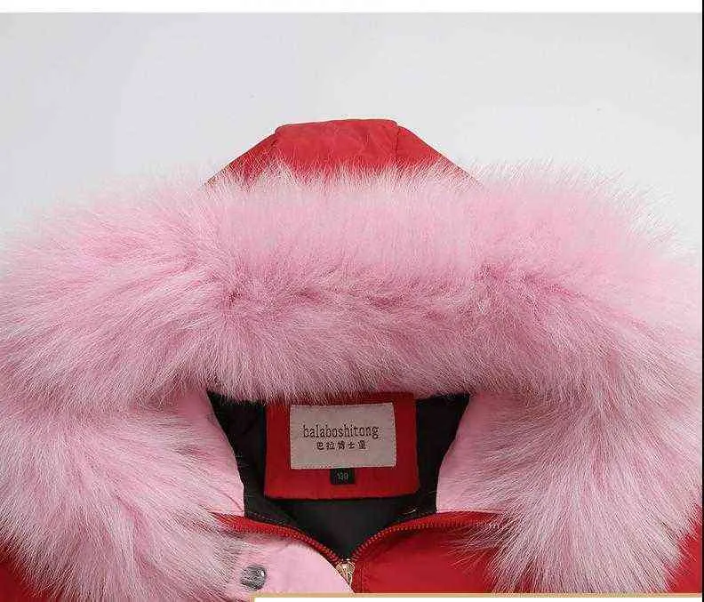 冬の子供服アヒルダウンジャケットの女の子ロングスタイルの風のプルーフ太い毛皮の襟フードアウターウェアキッズスノーカバーオールJ220718