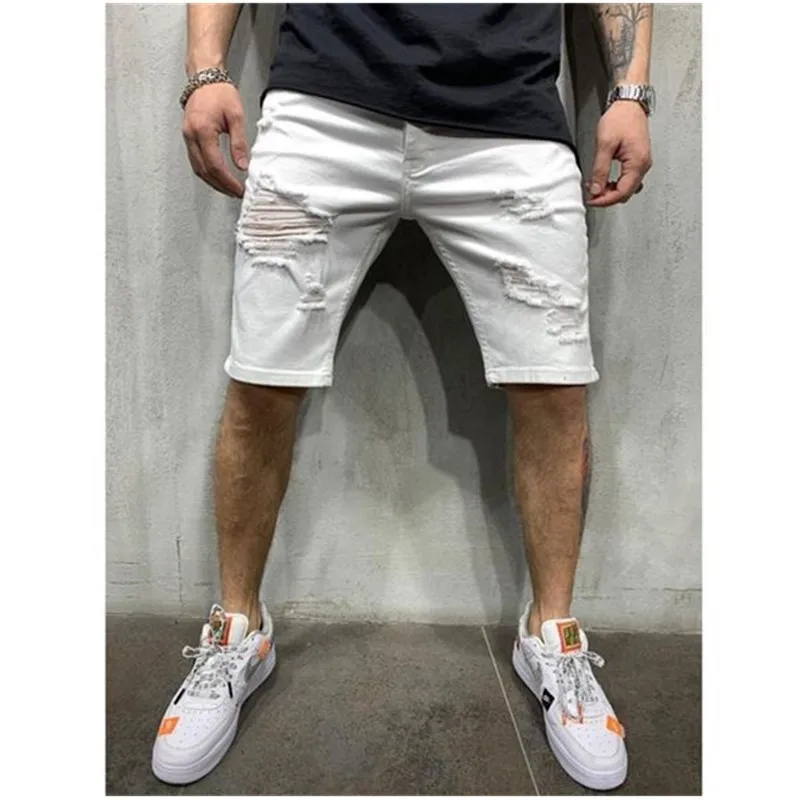 Zomer Heren Denim Chino Fashion Shorts Rechte Jongen Skinny Runway Korte Mannen Jeans Vernietigd Ripped Plus Size 220324234s