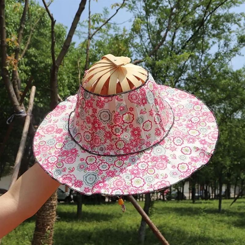 Sombreros de ala ancha 2 en 1 Sombrero de abanico plegable de bambú para mujeres Chica Mano de mano Viajando Bailando de verano 209j