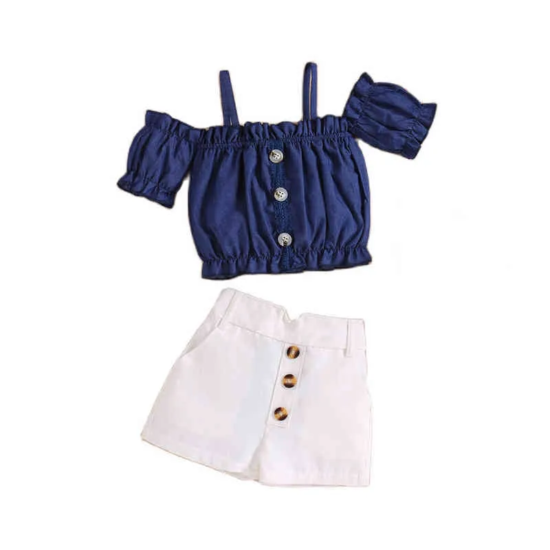 2022 Girl Set Summer Kid Clothes Fashion Suspenders Off-The-Shoulder Top+Shorts Children Clothes G220509