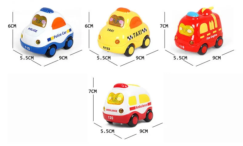 カワイイミニカー4ピース/セット漫画プルバック車の赤ん坊のおもちゃ抵抗体滝のための抵抗体を照らす子供のための音楽のおもちゃ220418