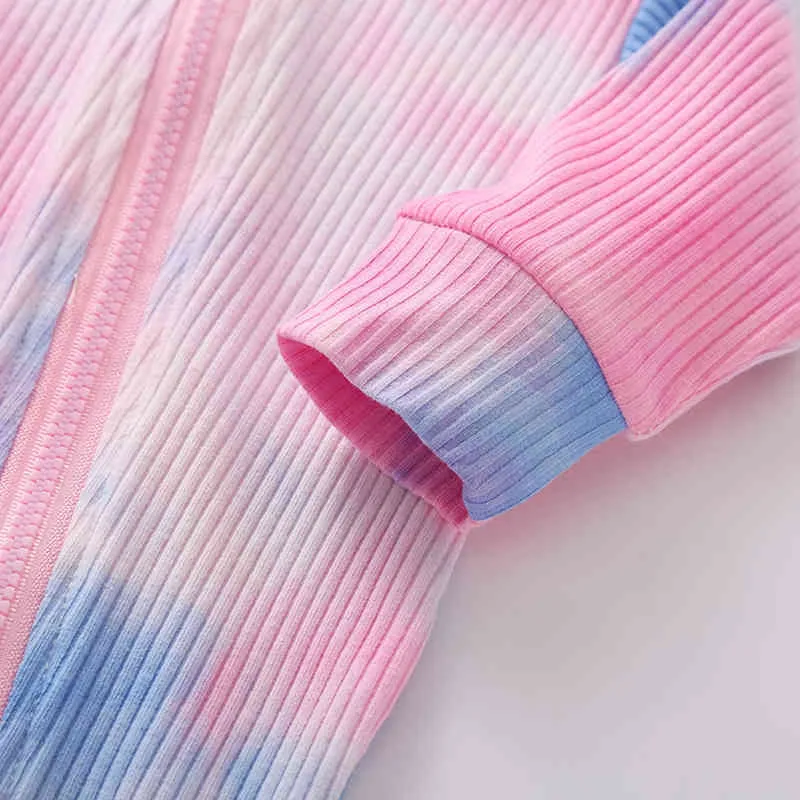 Baby baby katoen romper lange mouw tie kleurstof print rits omhoog jumpsuit met schattige konijnenkap g220521