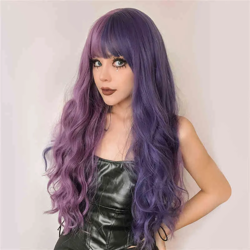 Perruque synthétique longue ondulée violette avec frange Cosplay Noël Halloween cheveux deux tons Ombre pour les femmes vague profonde résistant à la chaleur 220622