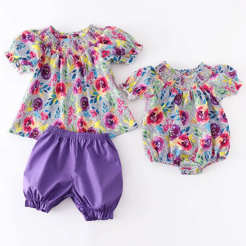 Girlymax zomer broer of zus babymeisjes smokte bloemen citroen camper luipaard ruches geweven shorts set romper kinderkleding 220531