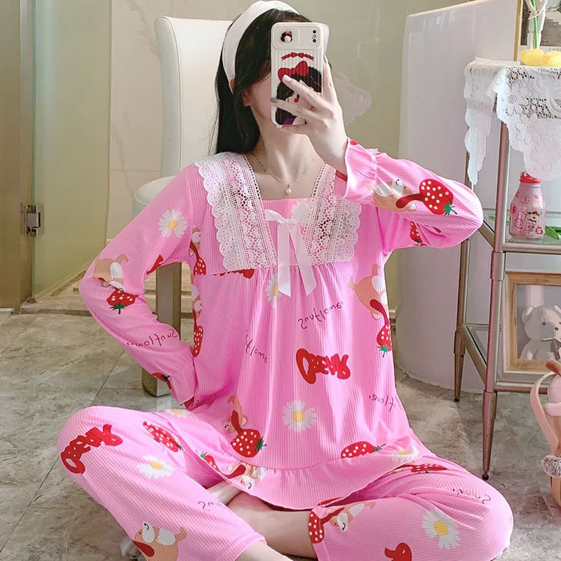 Mulheres Wardmit Pajamas Algodão Cute Long Tops Set Lace Young Girl Pijamas Conjuntos NASSUTE Sleepwear Home Wear 220329