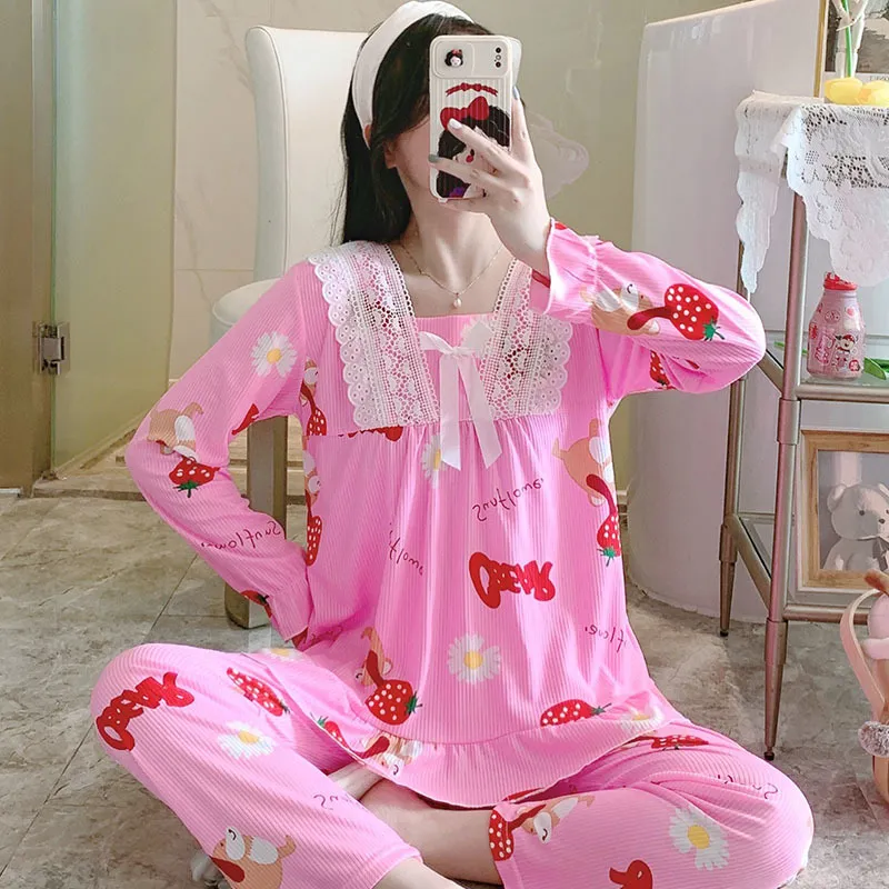 Wavmit Dames Pyjama Katoen Leuke Lange Tops Set Kant Jong Meisje Pyjama Sets Nightsuit Nachtkleding Home Wear 220329