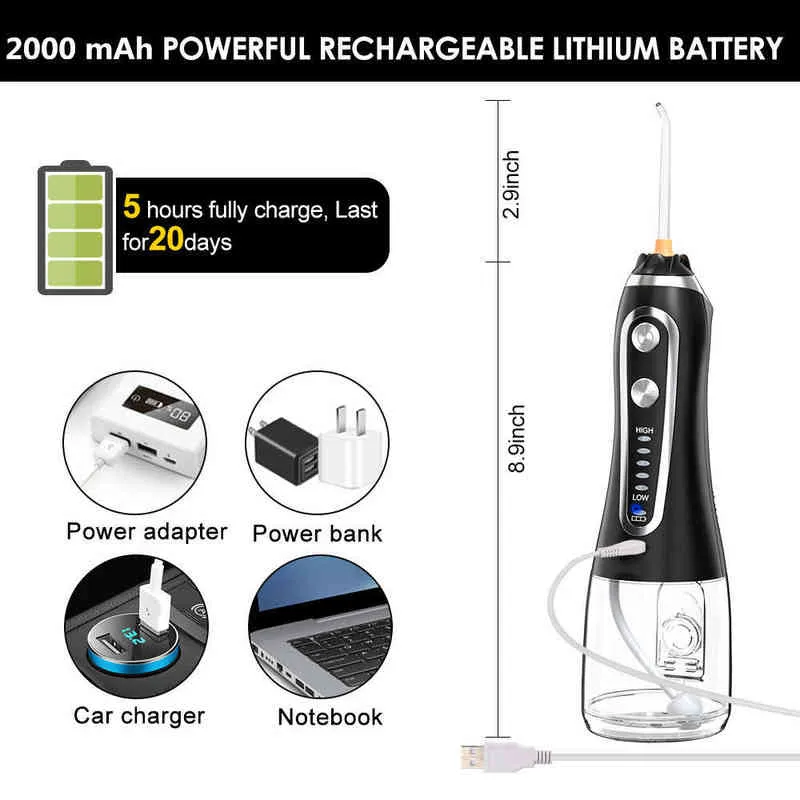 5 Modes Portable 300 ml Irrigateur Oral USB Rechargeable Dentaire Flosser Jet Nettoyant Dents Étanche + 5 Conseils 220510