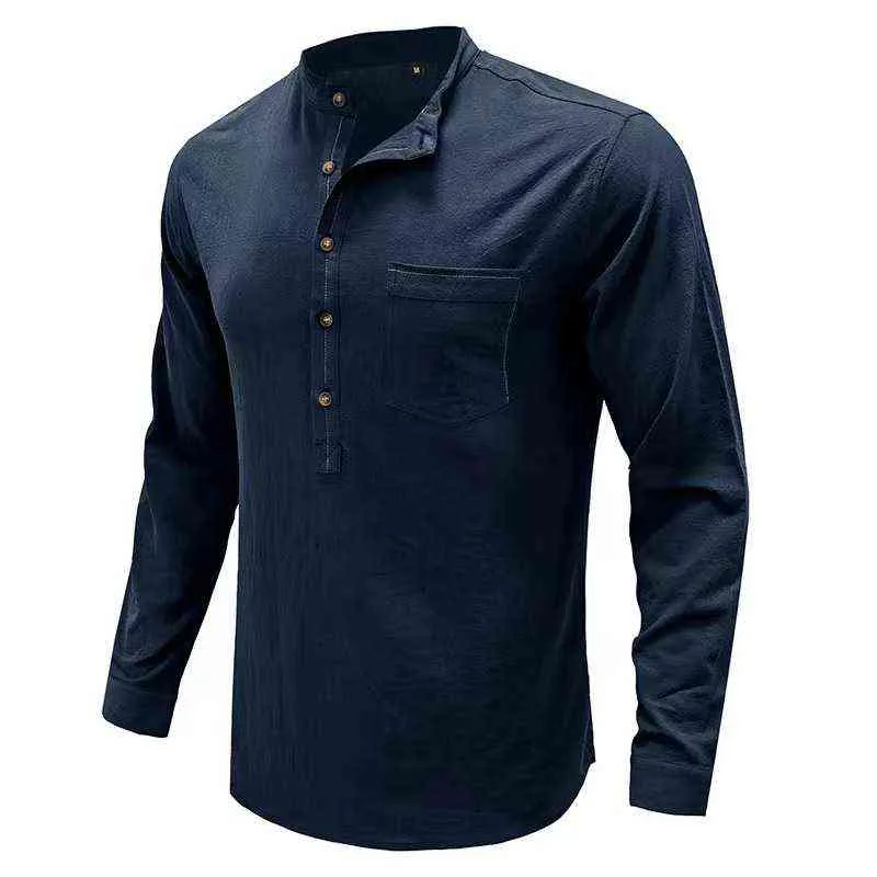 Nieuwe heren casual blouse katoenen linnen shirt losse tops lange mouw tee shirt lente herfst casual knop solide knappe heren shirt l220704