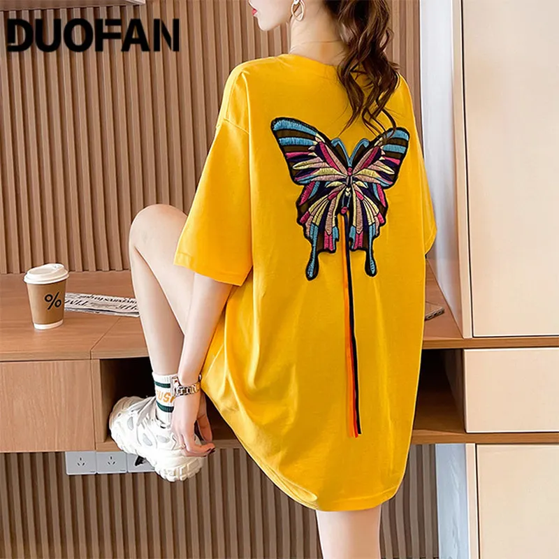 Duofan Solid Short Sleeve T-Shirt Women Sexy Proufroidery Butterfly Graphic Tshirt Female Summer Evensize vense tees Top Top Top