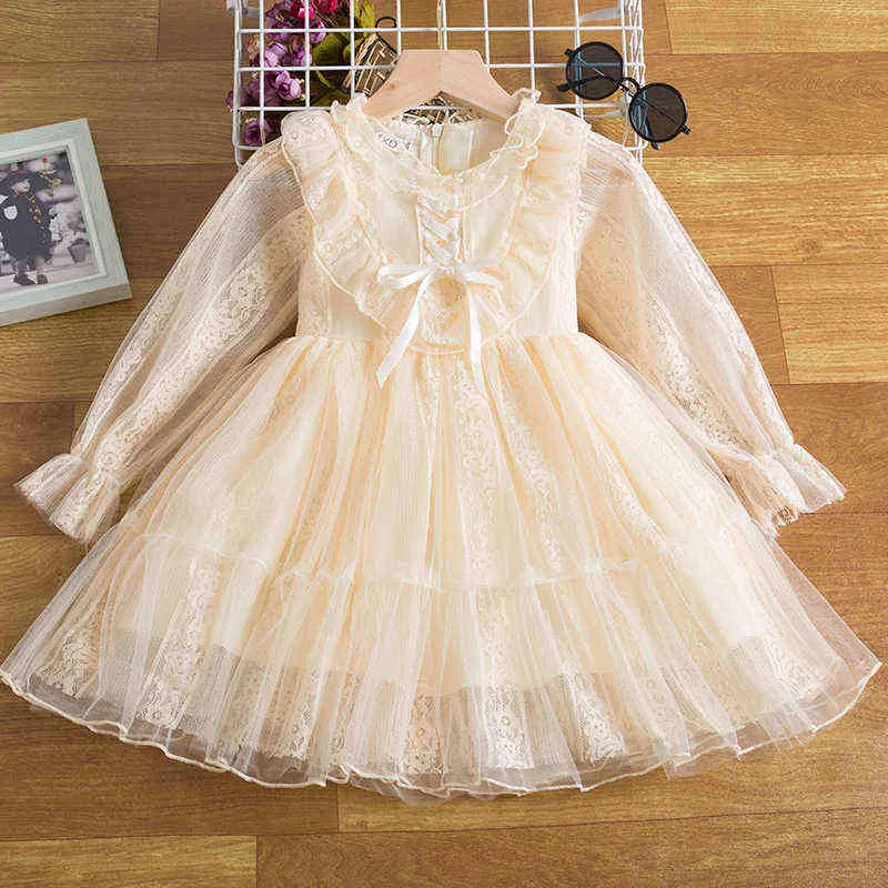 Printemps / Automne À Manches Longues Filles Princesse Robe Vintage Fleur Dentelle Arc Robes Enfants Robes Pour Filles Enfants Nouvel An Vêtements G220518