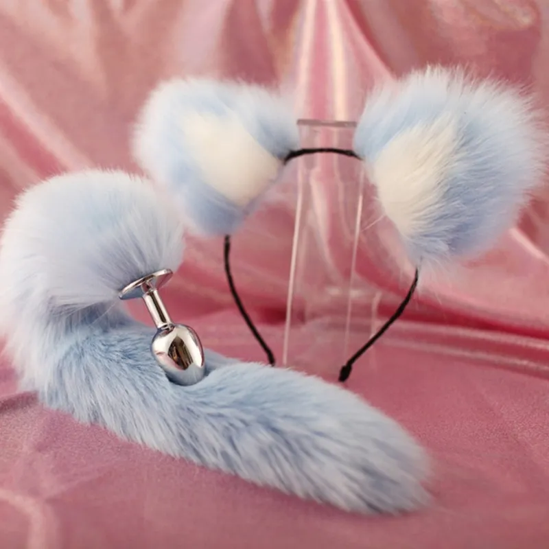 Niedliche Ohren-Stirnbänder mit Füchsen/Kaninchenschwanz, Metall-Hintern, Analplug, erotisches Cosplay-Zubehör, sexy Spielzeug für Erwachsene für Paare