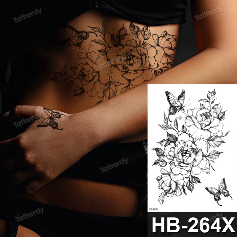 Tatouage Autocollant fleur grand corps art imperméable temporaire sexy fixe pour femme fausse eau noire croquis manche 2205145743604