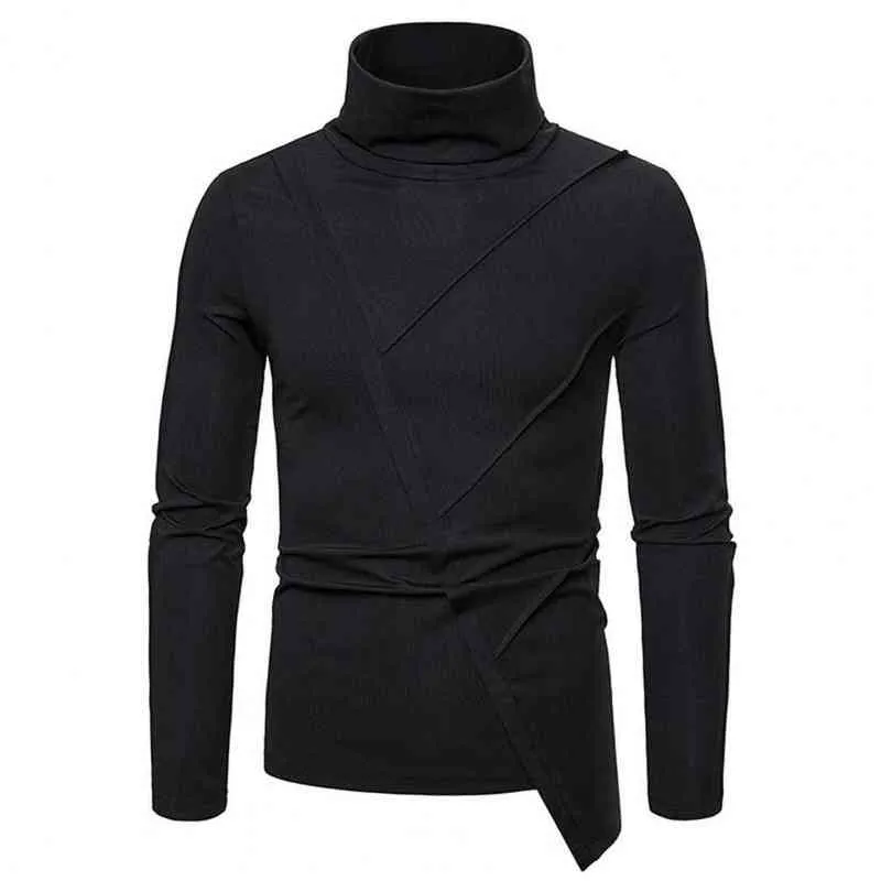 Solid Color T-shirts Men Turtleneck Top Stylish 3D Cutting Long Sleeve Top Men Slim Pullover Casual T-shirts L220704