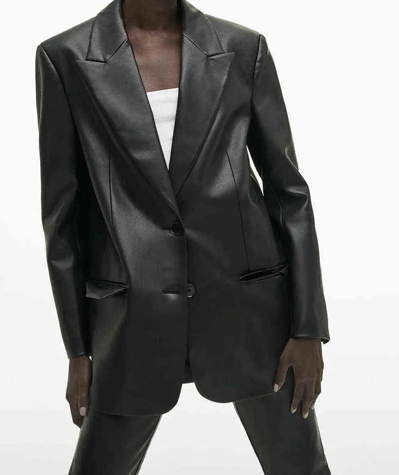 Y2K Blazer Women Black Leather Jacket Casual Single Breasted Overdimensionerad kappficka Fashion Streetwear Motorcykeljackor L220801
