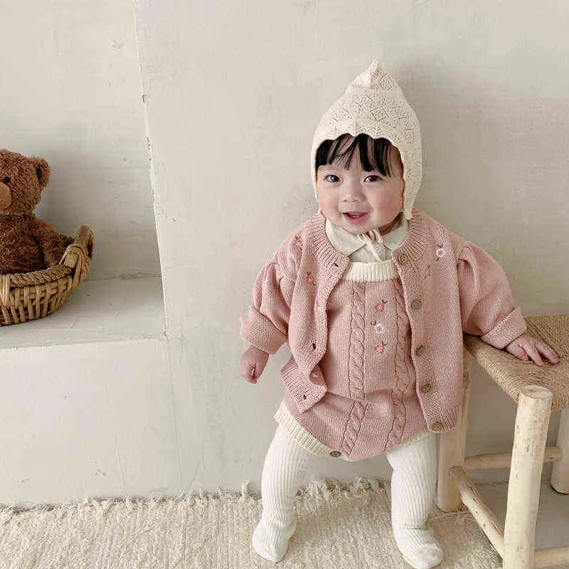 2022 Spring och Autumn Children Baby Girl Sticked Brodered tröja Coat + Twist Romper Creeper Suit Set Winter G220510